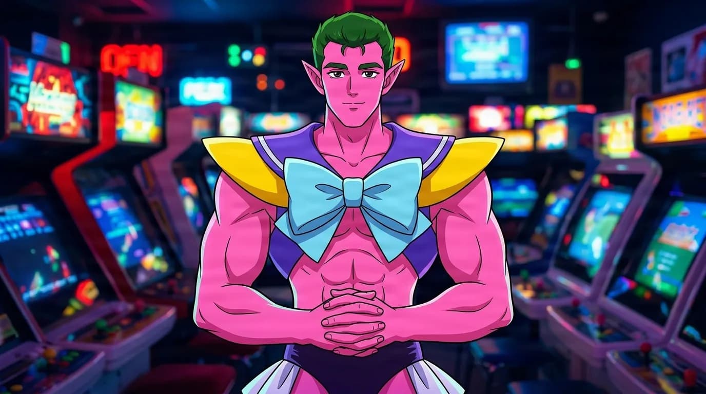 Sailor Guts, a pointy-eared, pink-skinned muscular man with green hair in a Sailor Moon-style bow costume, flexing in a neon arcade