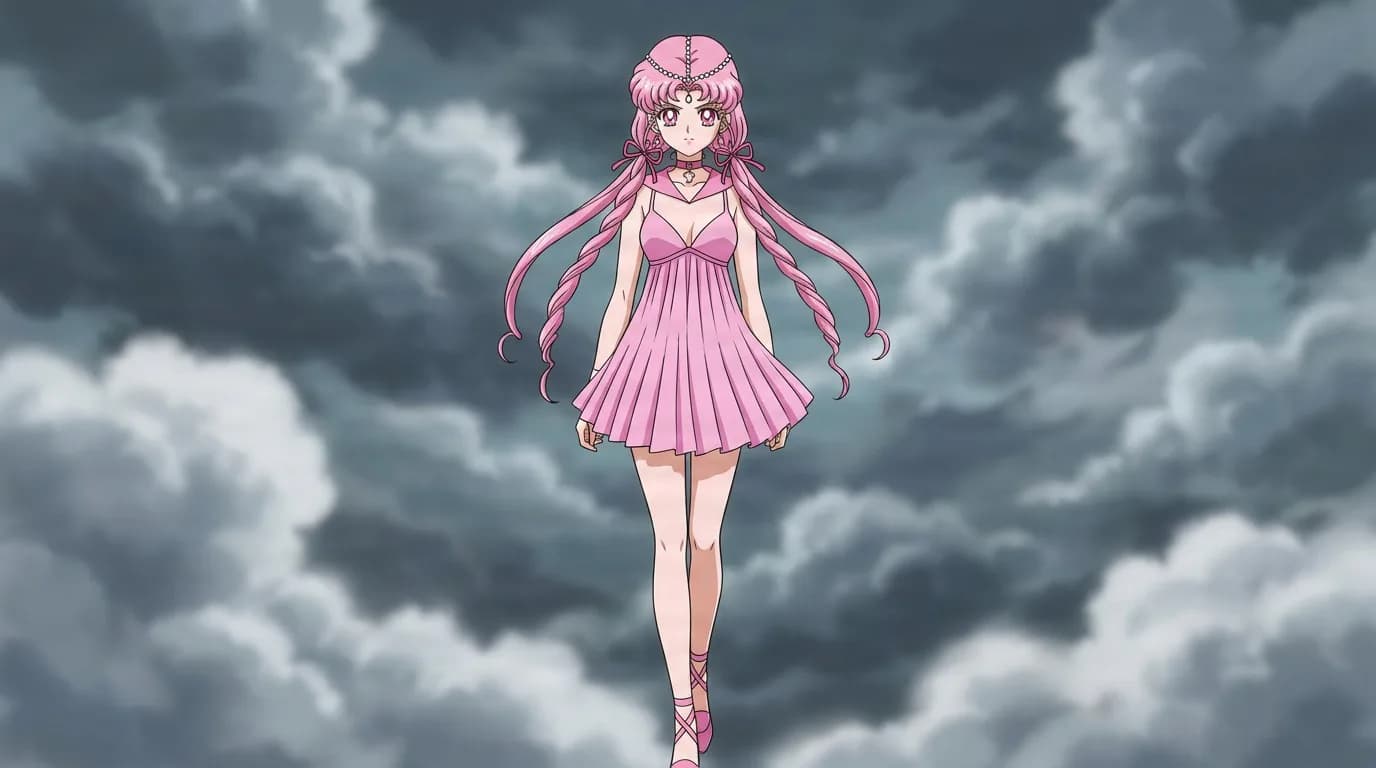 Sailor Mnemosyne with long pink twin-tails in a pink dress, standing against a bank of dark clouds.