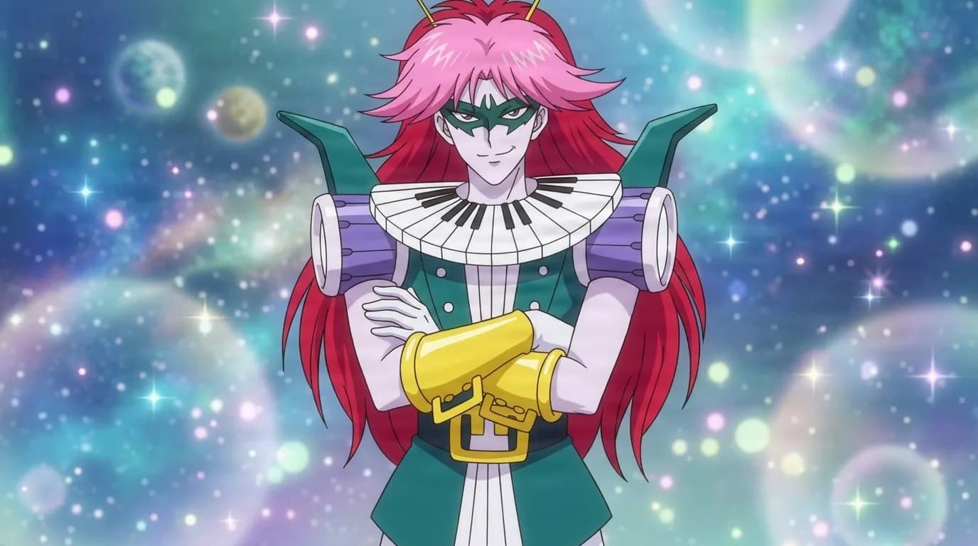 Sailor Musician, a pink-haired figure in a piano-key collar and gold gauntlets, arms crossed and smirking against a starry bubble-filled sky