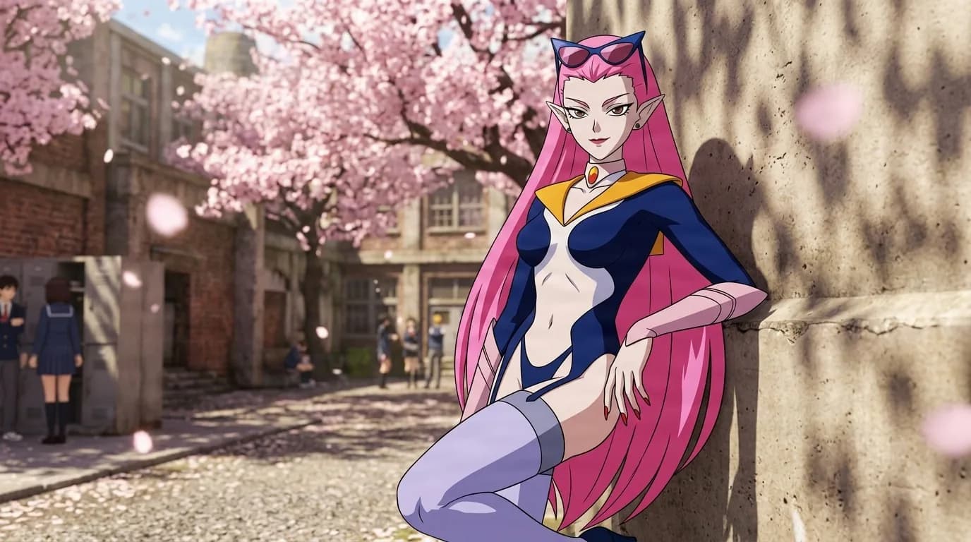 Sailor Ojou lounging against a school wall amid cherry blossoms, long pink hair, cat eye sunglasses and a navy leotard with purple thigh boots