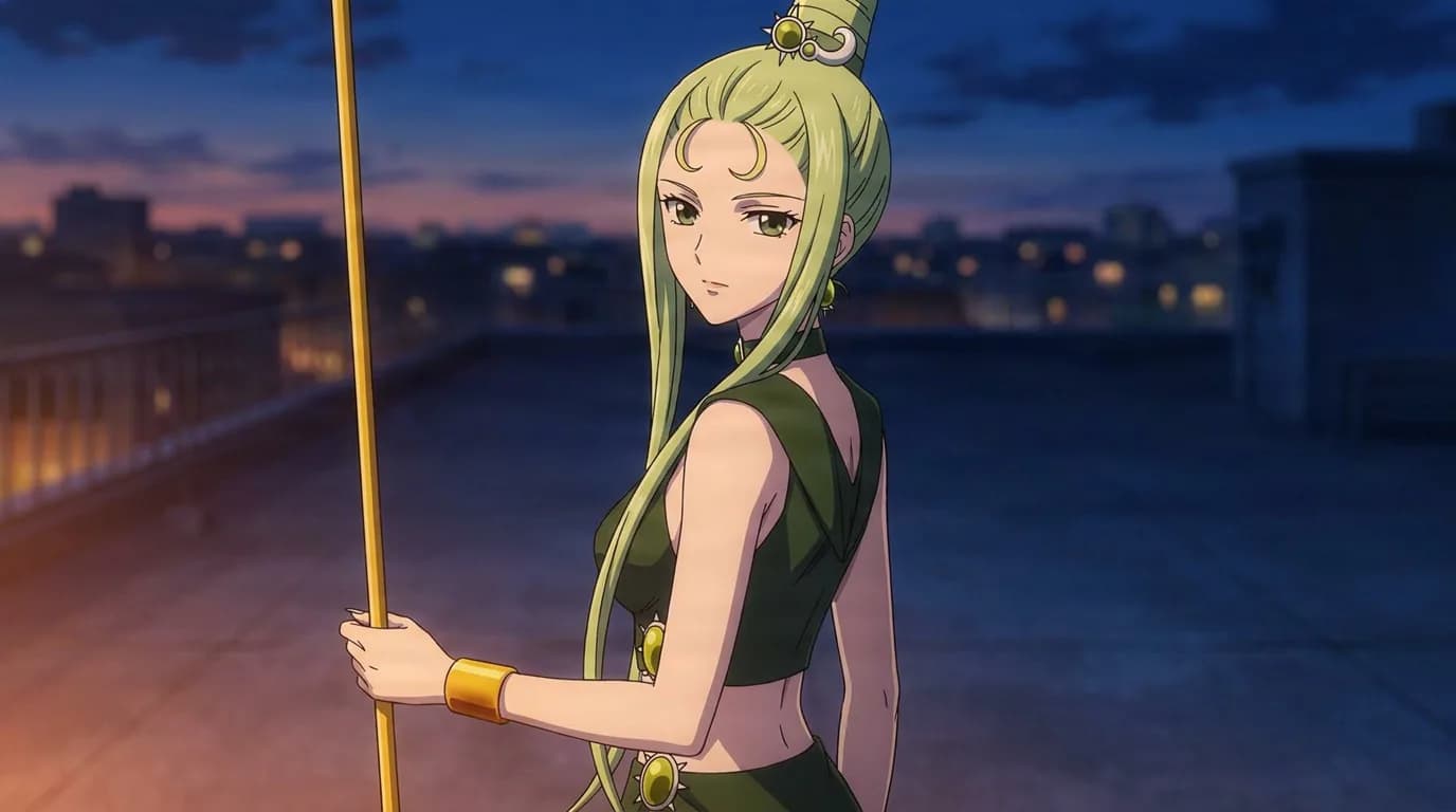 Sailor Phi with green hair and a crescent moon mark, holding a staff on a rooftop at dusk.