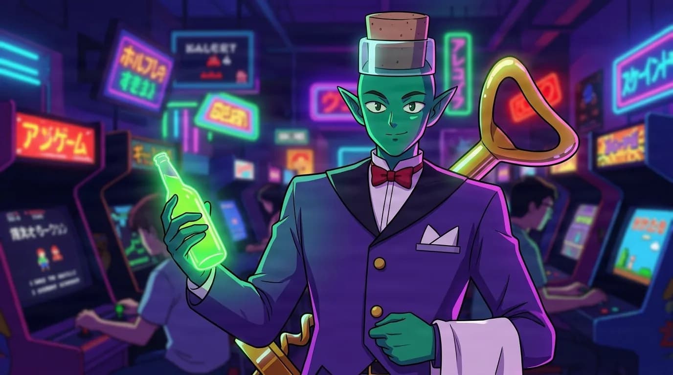 Sailor Sommelier holding a glowing green bottle and a giant gold corkscrew in a neon arcade, green skin, a cork topped hat and a purple tuxedo