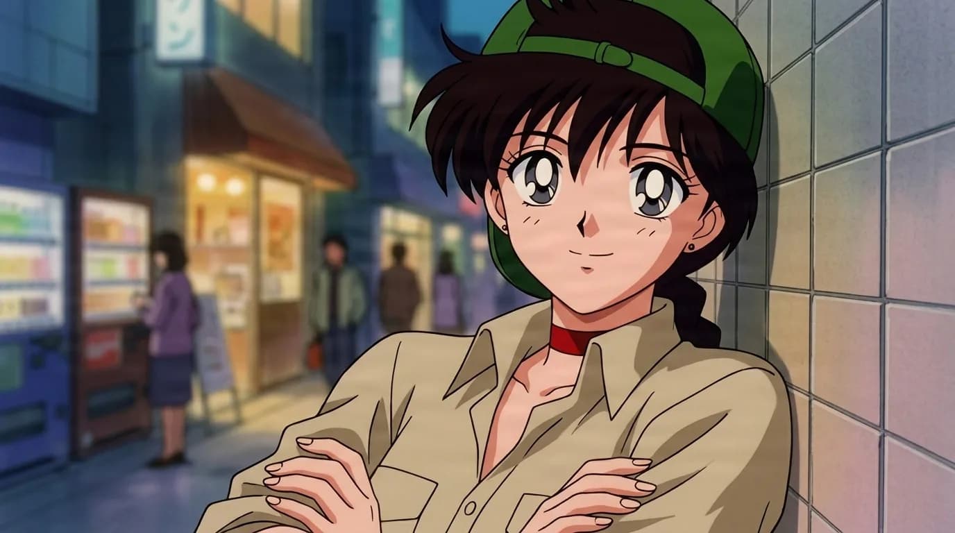 Saki Itabashi leaning against a tiled wall with arms crossed, dark hair under a green cap, a red choker and a tan button shirt