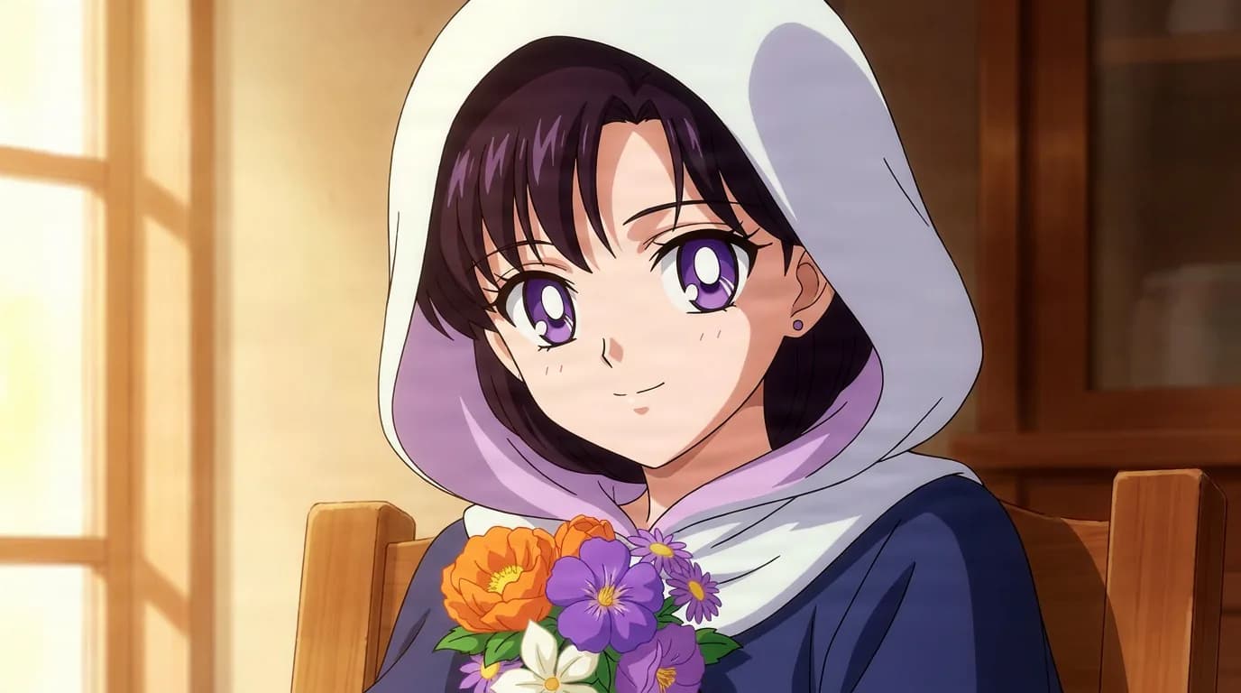 Sakiko, a dark-haired girl in a white hood and navy top, holds a bouquet of orange and purple flowers in a sunlit room.