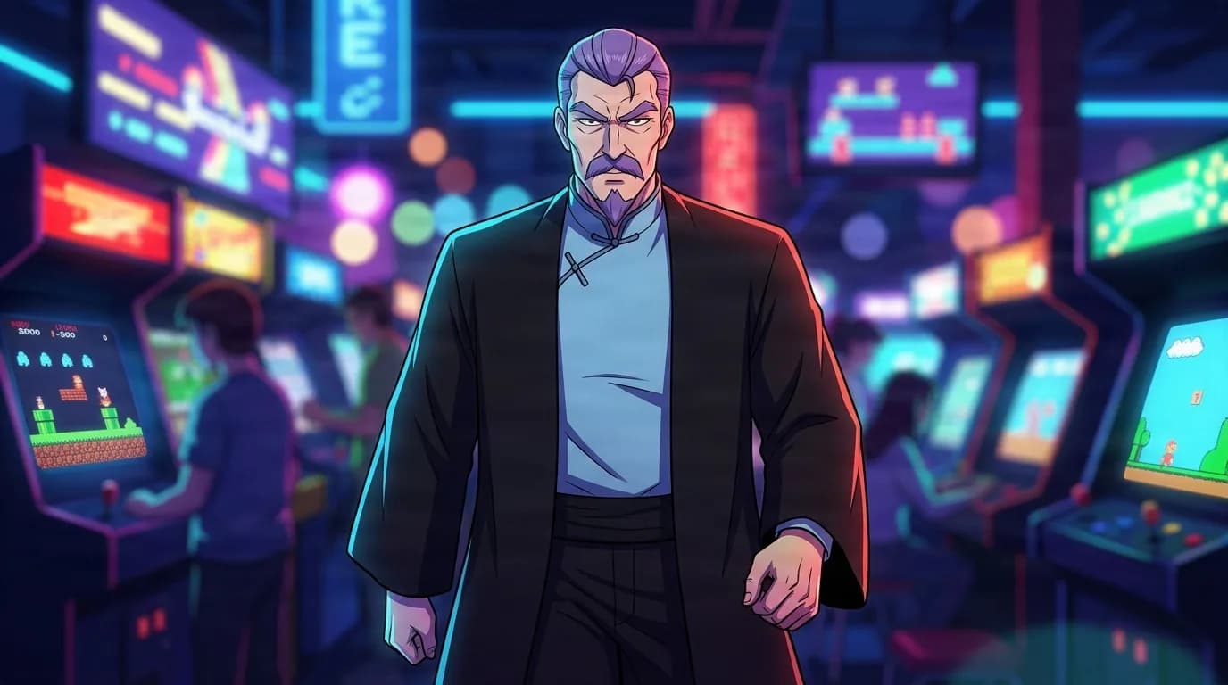 Sakiko's Father, a stern grey-haired man in a black robe, standing among glowing retro arcade machines