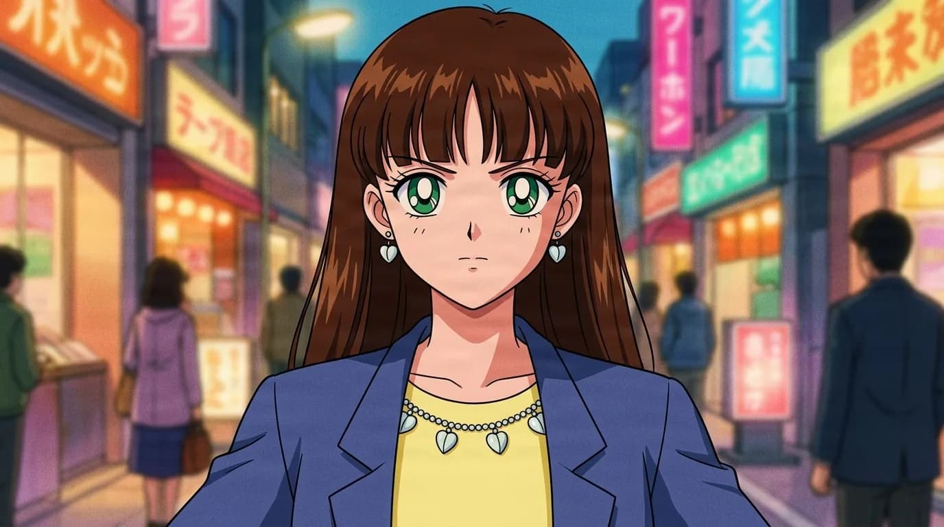 Saori standing on a neon shopping street, long brown hair, green eyes, a blue blazer over a yellow top and a pearl necklace with heart charms