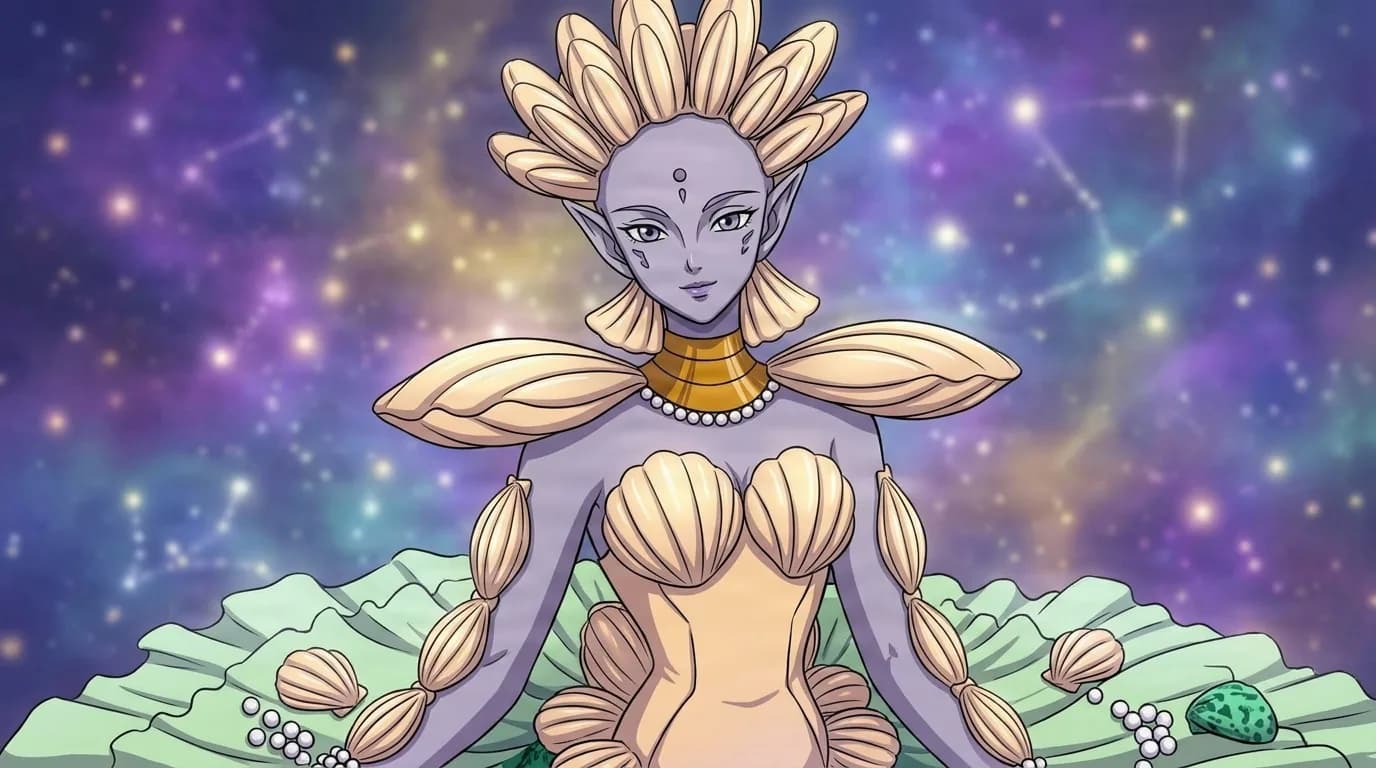 Shakoukai, a pale purple-skinned youma with a shell-shaped headdress and pearl necklace, seated before green fan-like shells against a starry cosmic backdrop.
