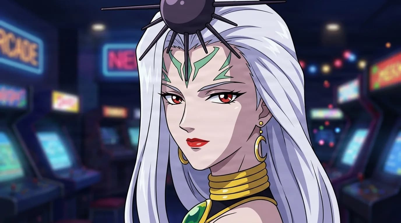 Shaman Apsu, a white-haired woman with red eyes and green facial markings, wearing a spiked headpiece and gold choker, smirking in a neon arcade