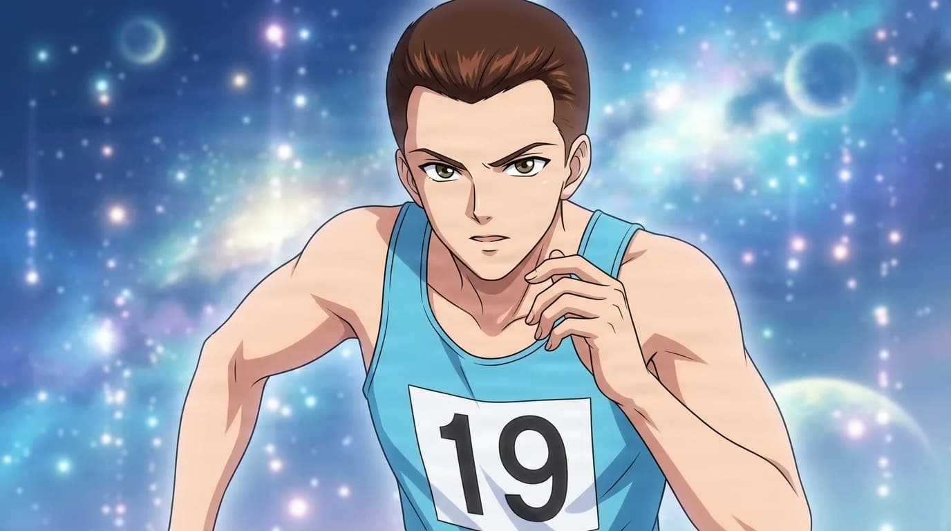 Shun Hayase, a determined young sprinter in a blue tank top numbered 19, crouched at the starting line against a starry cosmic backdrop