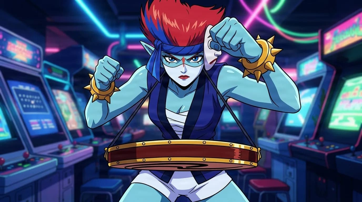 Soiya, a blue-skinned youma with red spiked hair and a blue eye mask, raising spiked golden wristbands while wearing a strapped drum, standing in a neon-lit arcade.