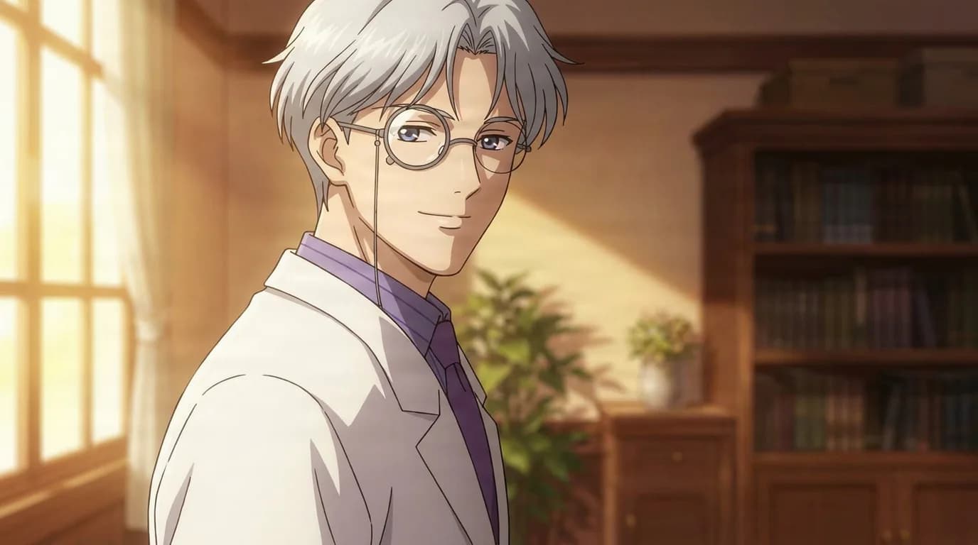 Souichi Tomoe with silver hair and round glasses, smiling in a white lab coat inside a sunlit study.