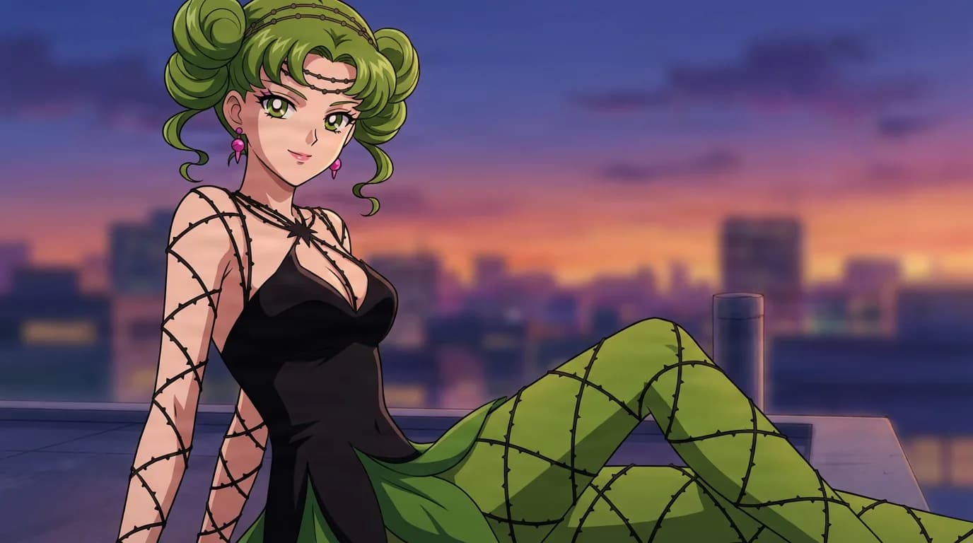 Tellu, a green-haired woman in a black dress with thorny vine-patterned tights, sits against a city skyline at sunset.