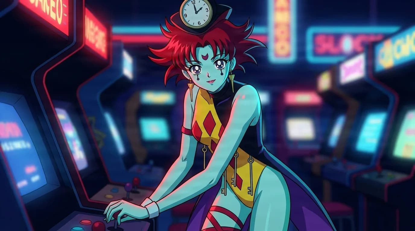 Tenko gripping an arcade joystick, a pale blue youma with spiky red hair, a clock perched on her head and a yellow bodysuit hung with keys