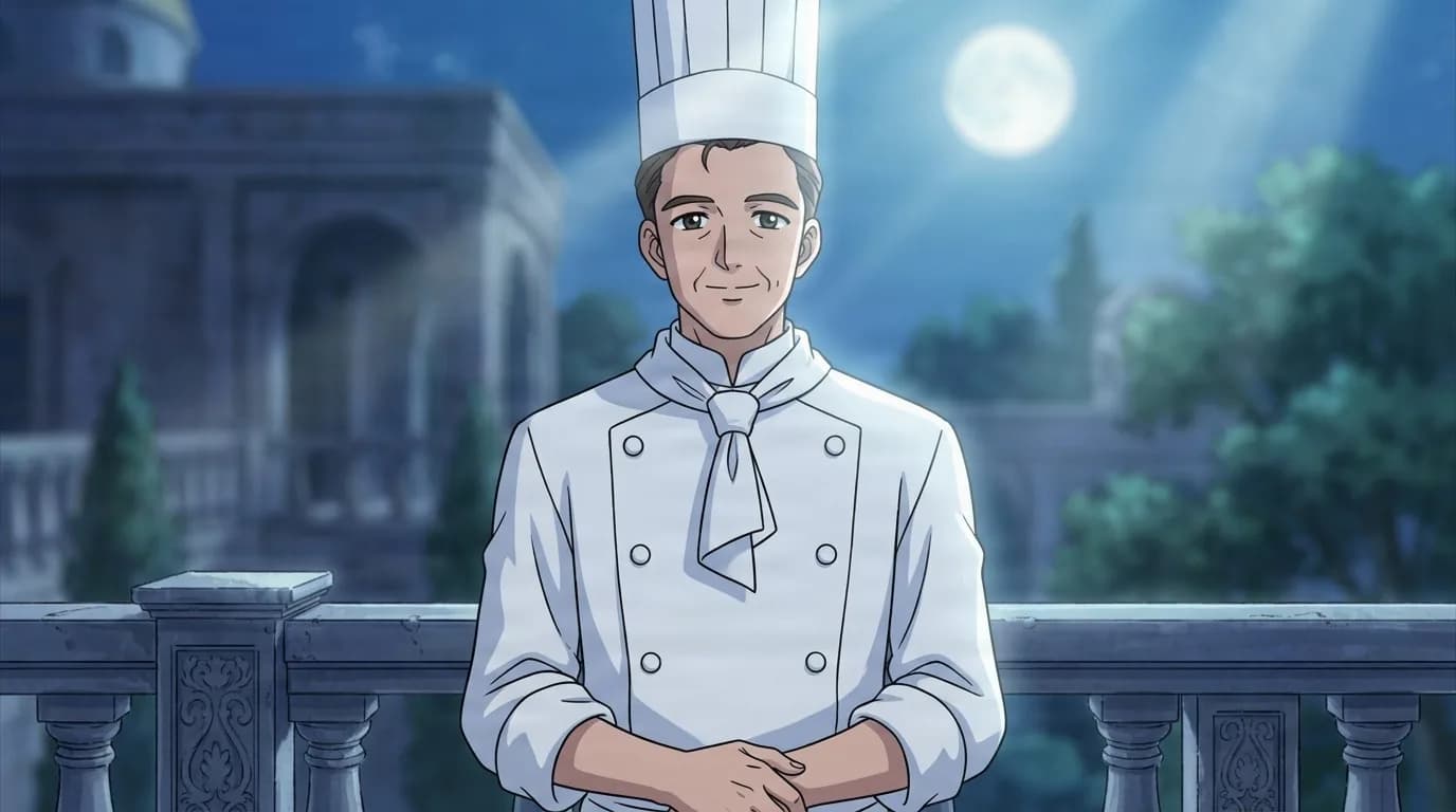 Tetsurou Yoshinogawa standing on a moonlit balcony with hands clasped, a tall white toque and a double breasted chef jacket with a knotted neckerchief
