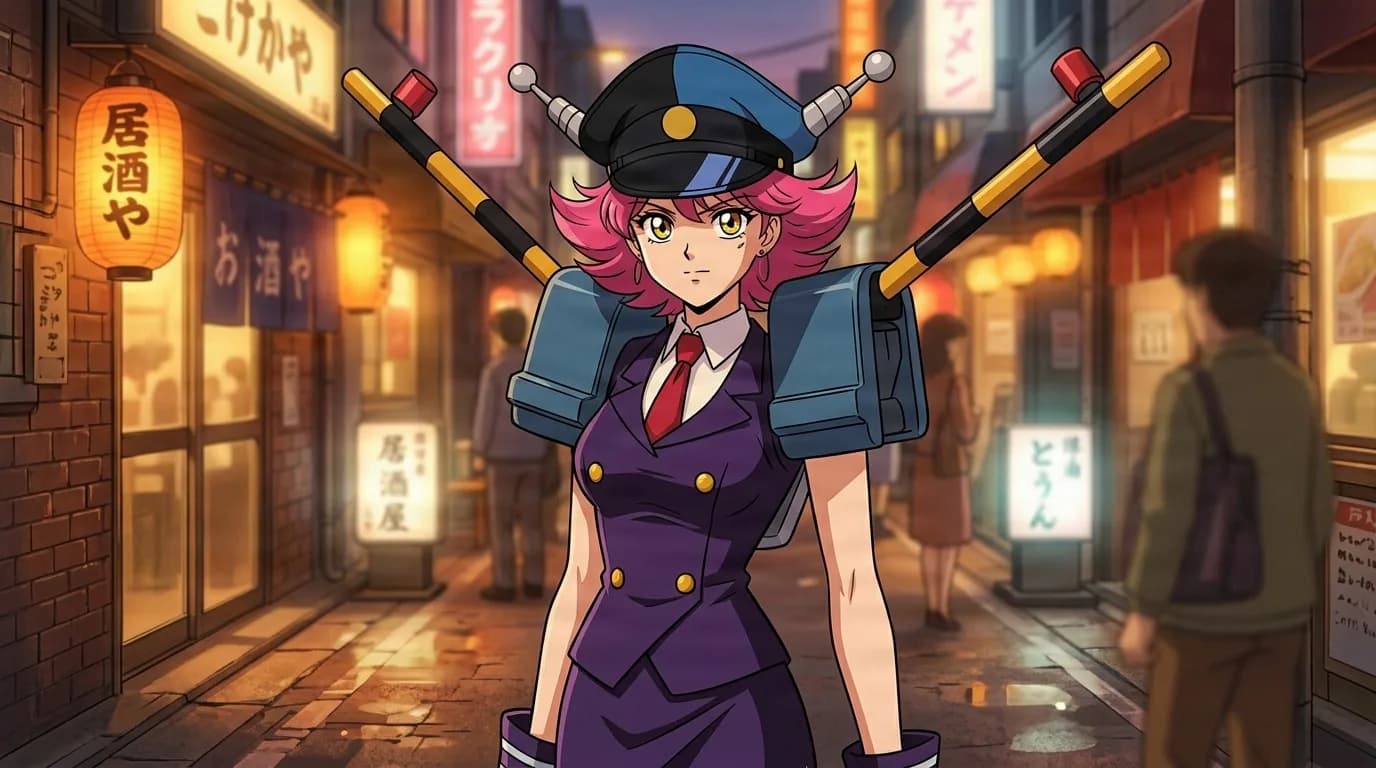 Toden standing in a lantern lit street, pink hair under a conductor cap, a purple uniform with a red tie and railway crossing barriers on her shoulders