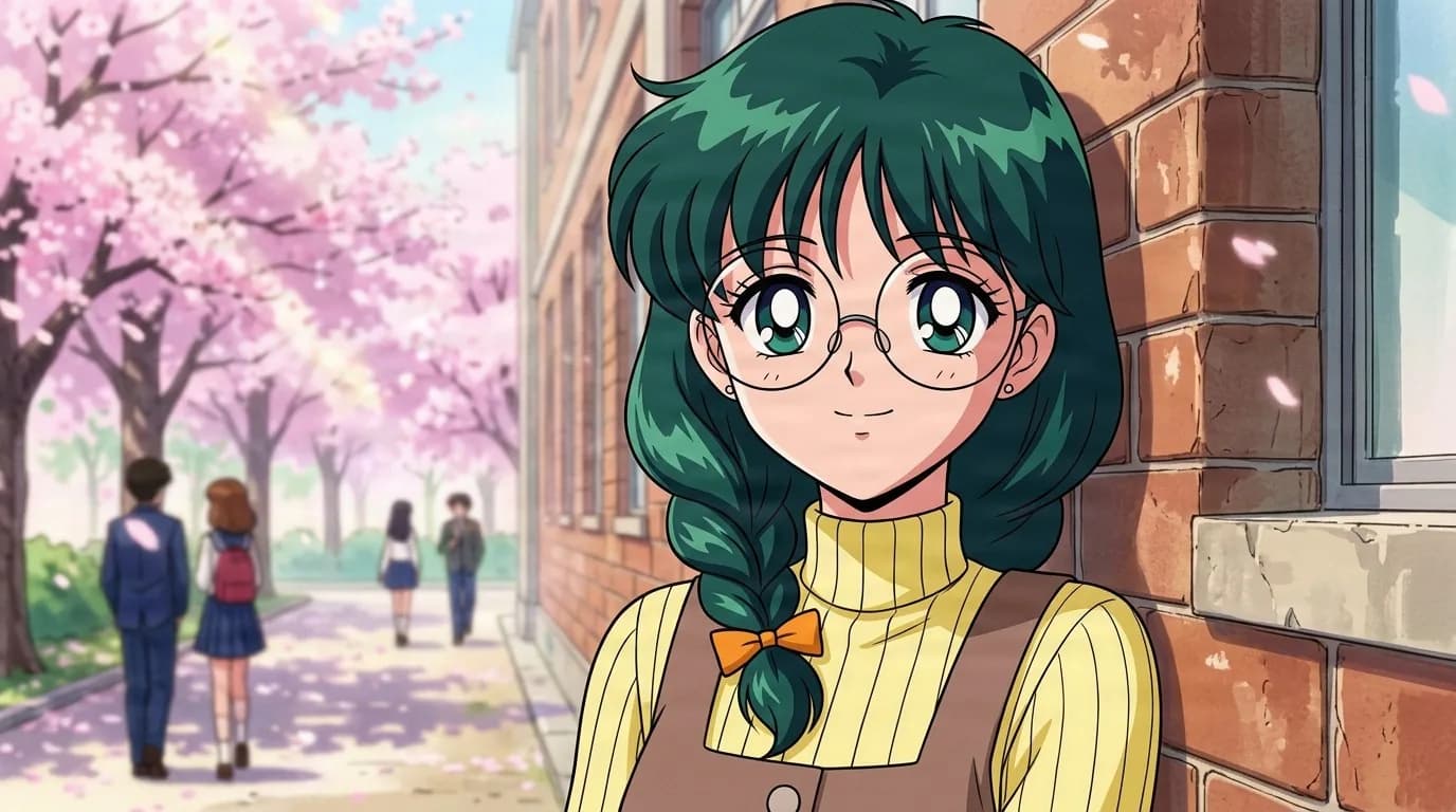 Tomoko Takase, a green-haired girl in round glasses and a yellow sweater, smiling beside a brick wall under cherry blossoms