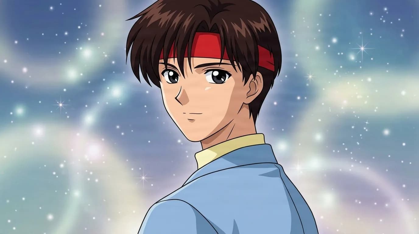 Toshiyuki Nishino glancing over his shoulder against a sparkling starry backdrop, brown hair under a red headband and a blue jacket over a yellow collar
