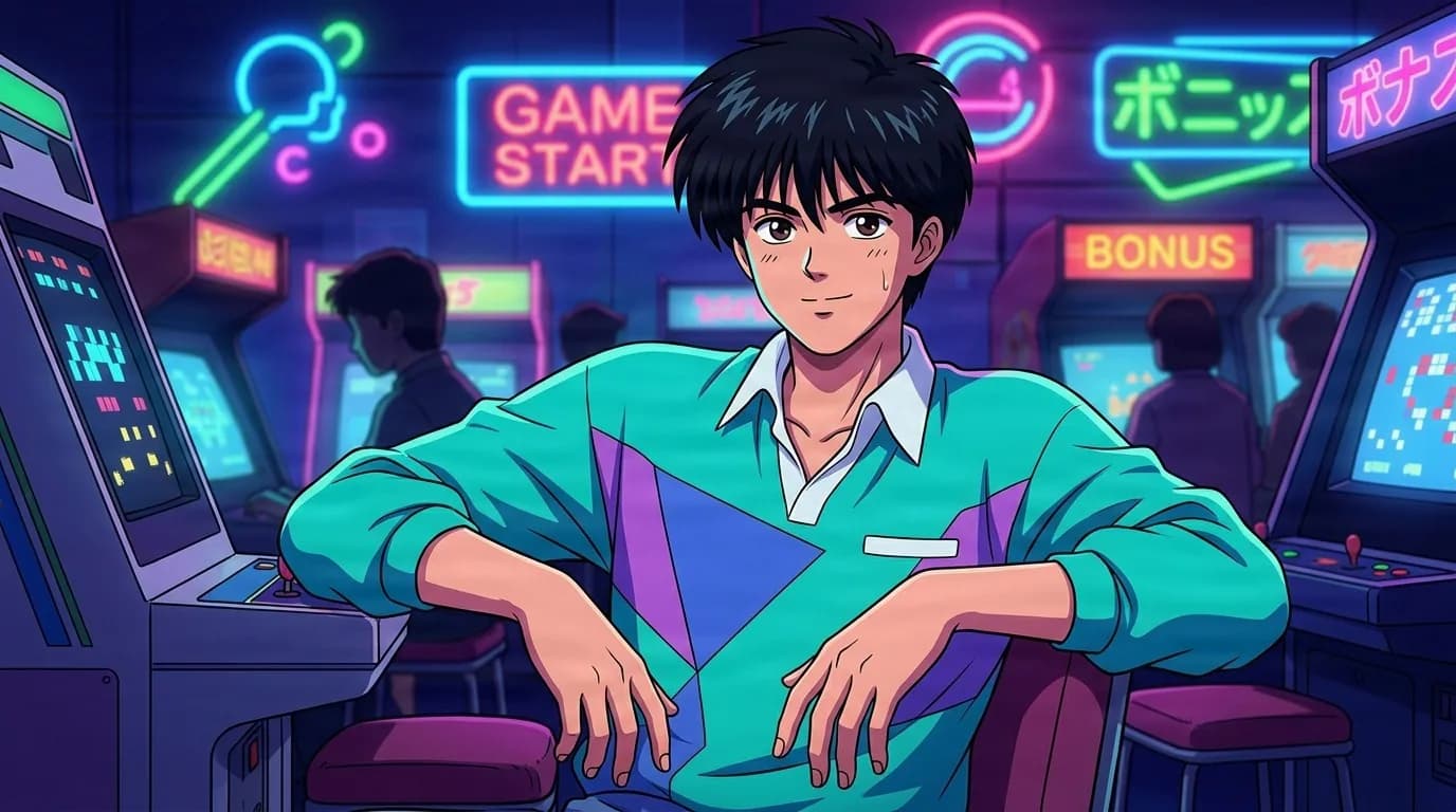 Tsutomu Asai, a black-haired young man in a teal triangle-patterned sweater, sitting among glowing arcade machines