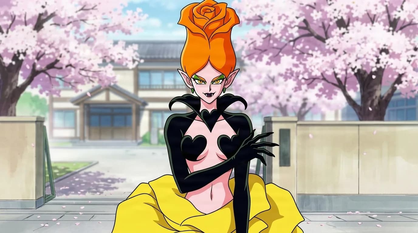 U-Bara, a youma with an orange rose-shaped updo and a fanged smile, wearing a black heart-cutout top and yellow ruffled skirt, seated near cherry blossom trees.