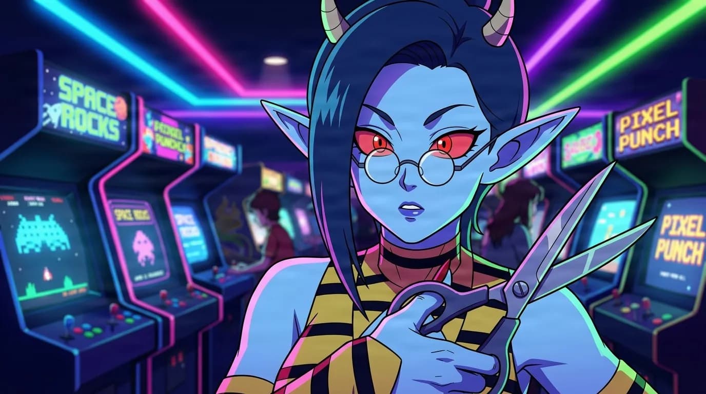 U-Henshuu holding a large pair of scissors in a neon arcade, blue skin, small horns, round glasses and a yellow and black striped outfit