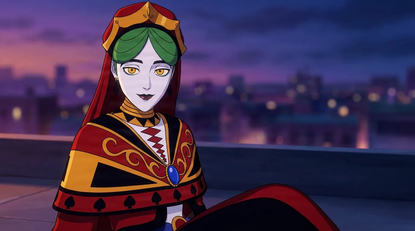 U-Ikasaman with green hair and yellow eyes, in an ornate red and gold robe with spade motifs at night.