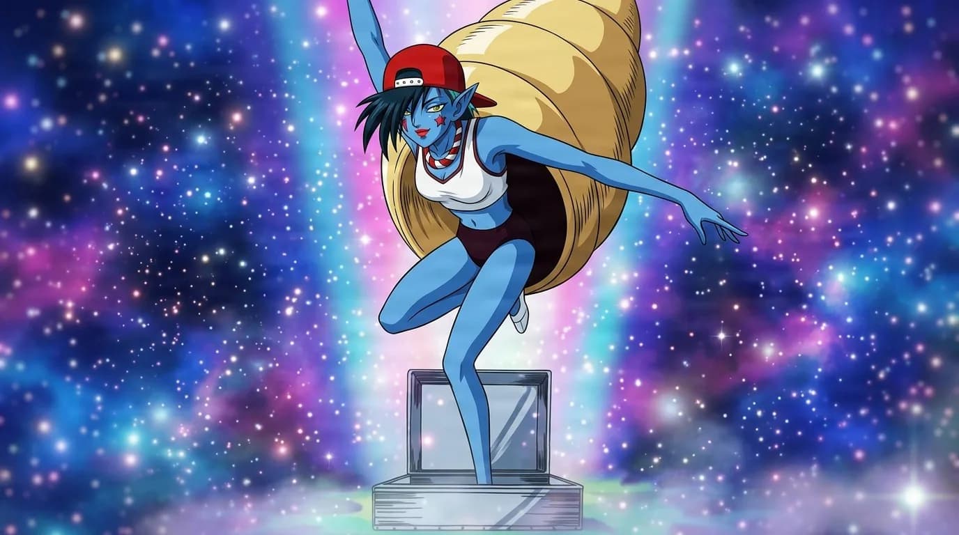 U-Ndoukai, a blue-skinned pointed-eared woman in a red cap with a giant golden snail shell on her back, leaping atop a pedestal in space