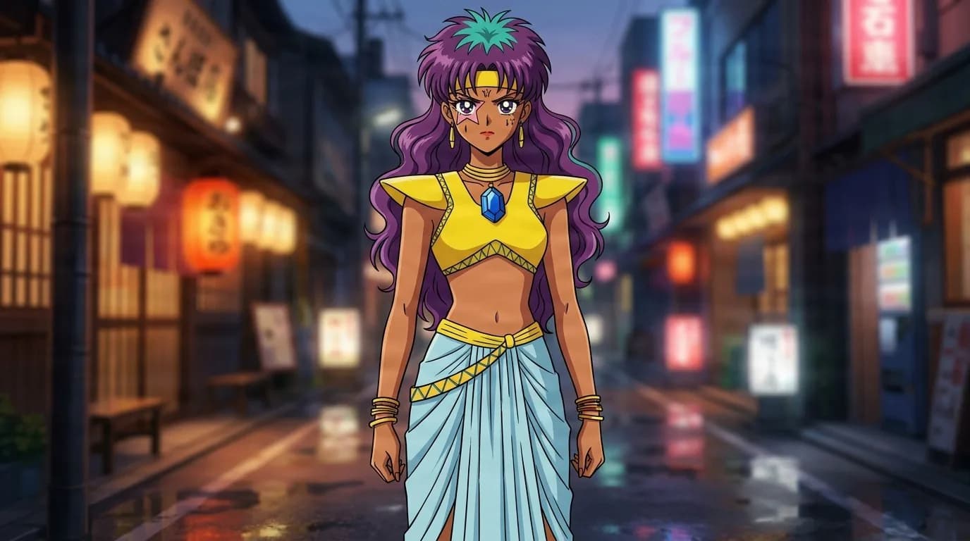 Udering, a purple-haired woman in a gold jeweled crop top and pale blue wrap skirt, standing on a neon-lit night street