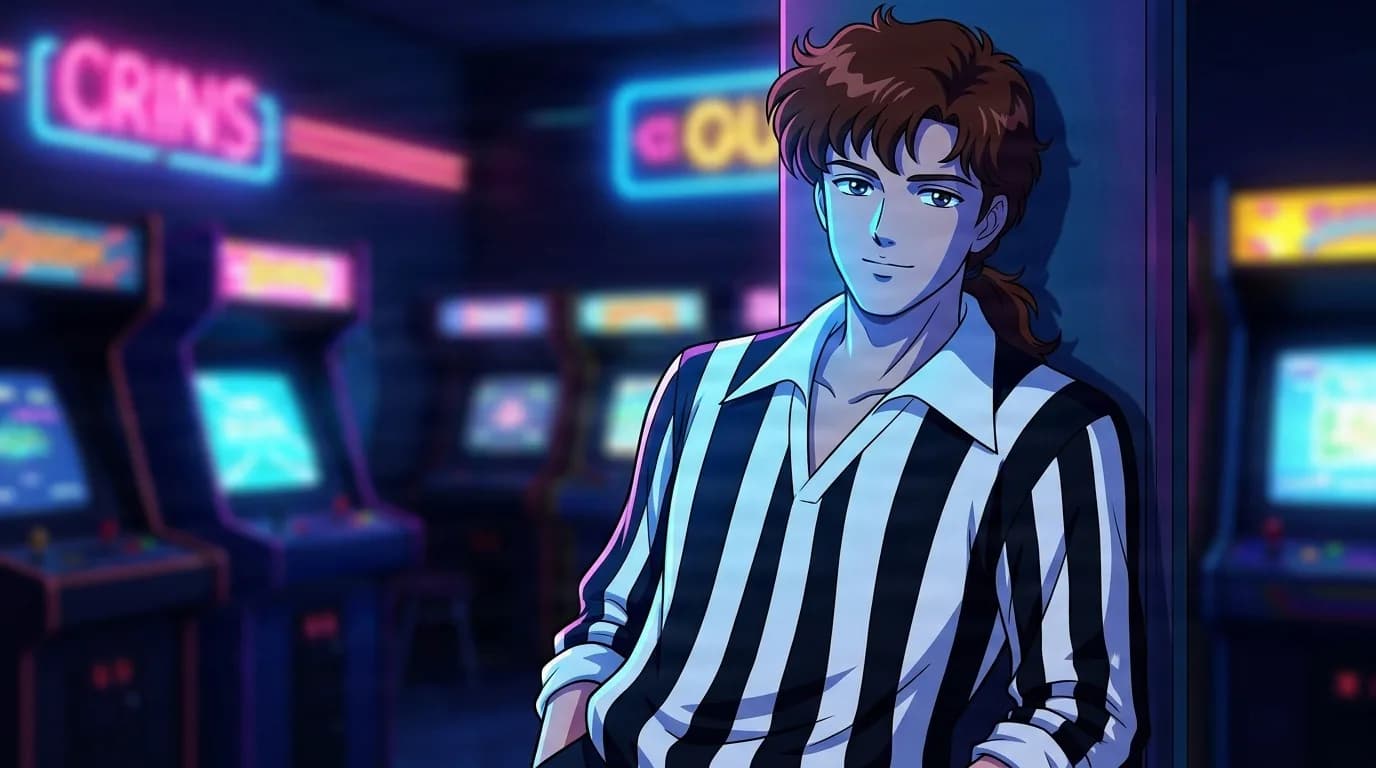 Ukon Katakuri leaning against a wall in a neon arcade, brown hair tied in a small ponytail and a black and white vertical striped shirt
