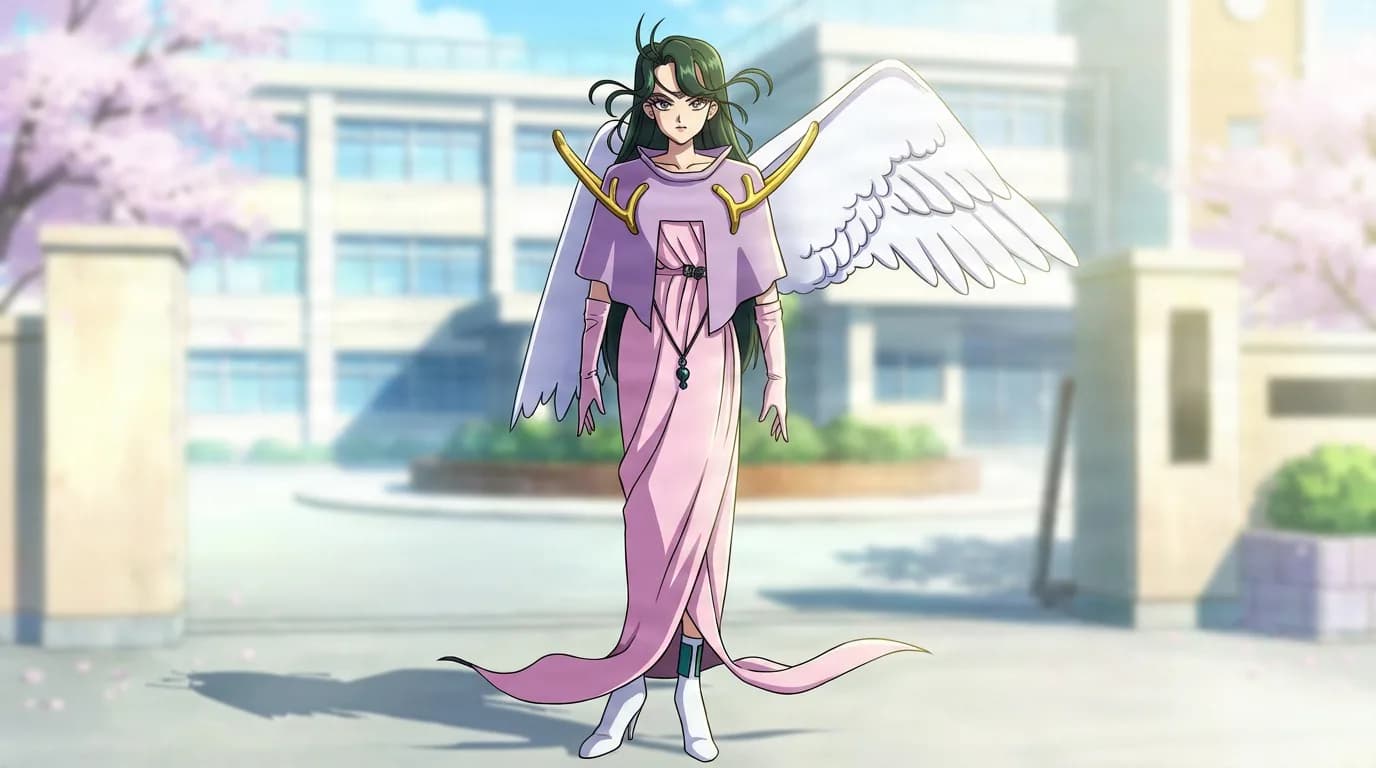 Veena, a green-haired woman with a white wing and a pink caped gown with gold antler pieces, stands before a school at cherry blossom time.