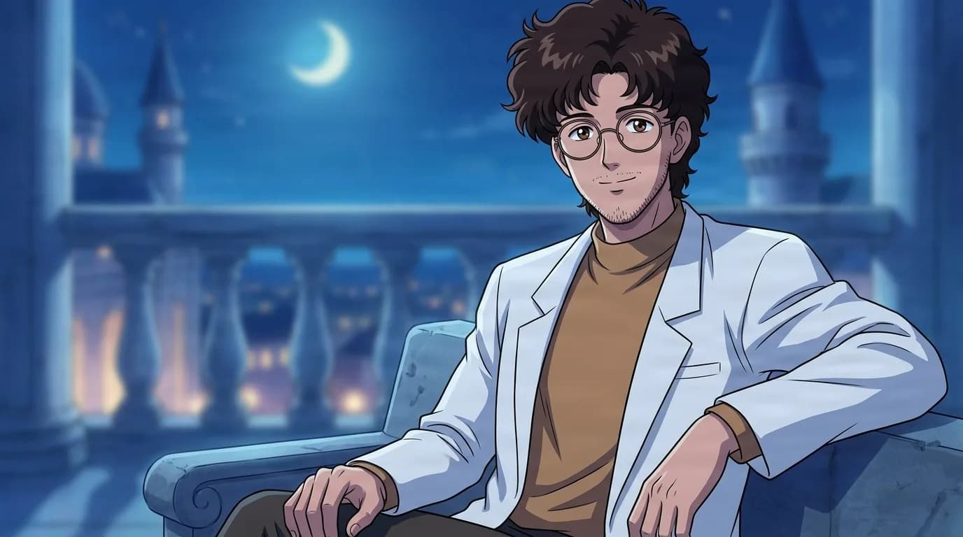Wataru Amanogawa seated on a stone bench under a crescent moon, curly dark hair, round glasses and a white lab coat over a tan turtleneck