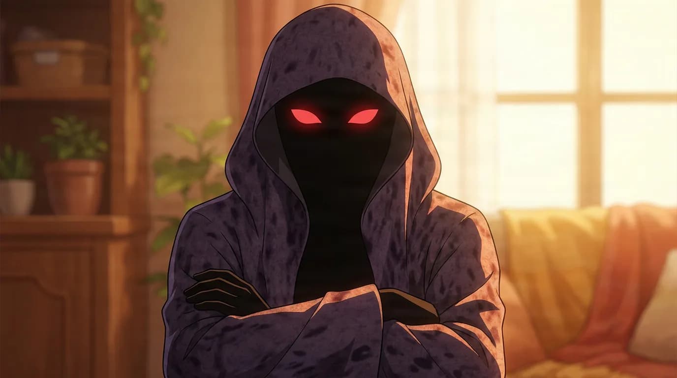 Wiseman as a hooded cloaked figure with glowing red eyes and crossed arms, seated in a cozy sunlit room.