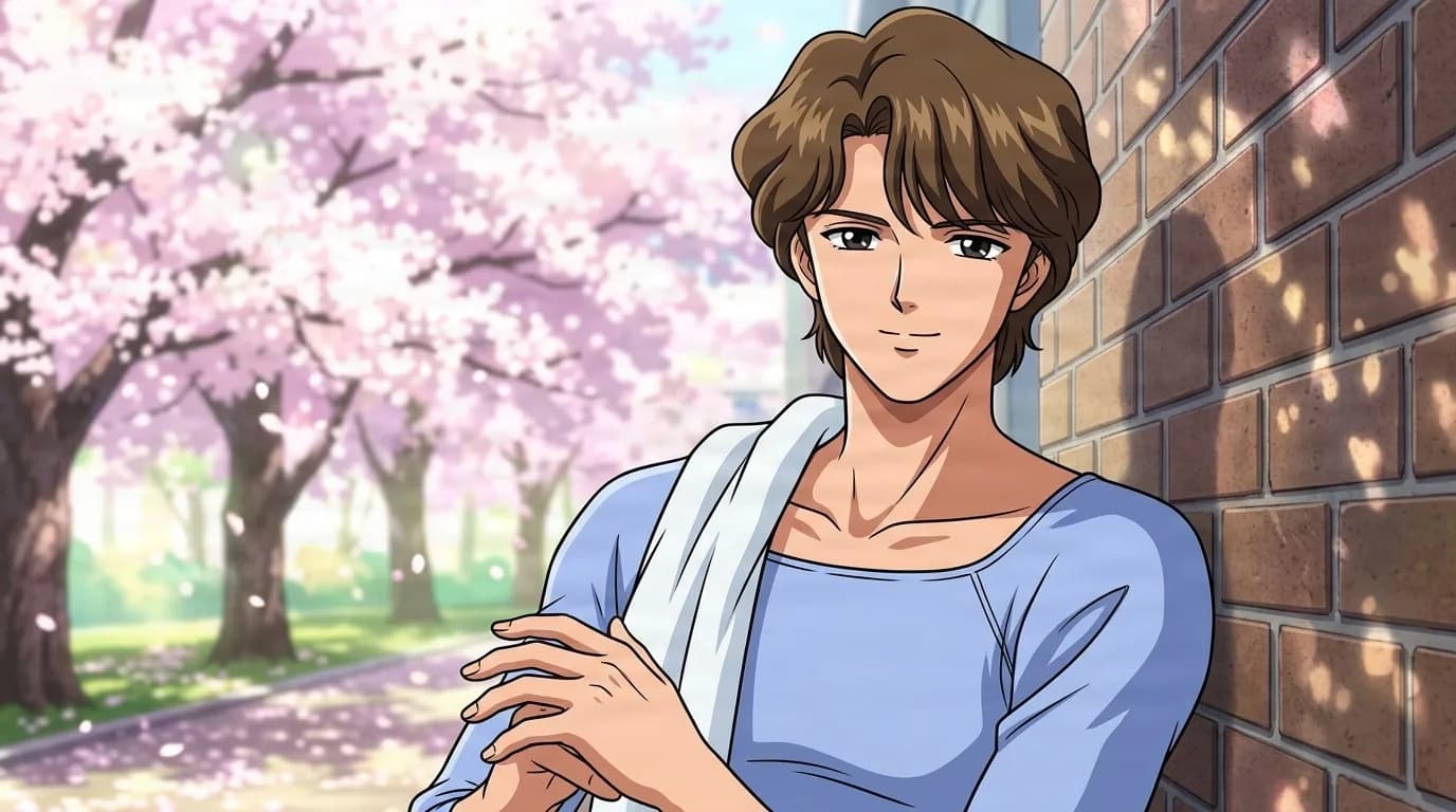 Yamagishi leaning on a brick wall under cherry blossoms, wavy brown hair, a pale blue top and a white towel over his shoulder