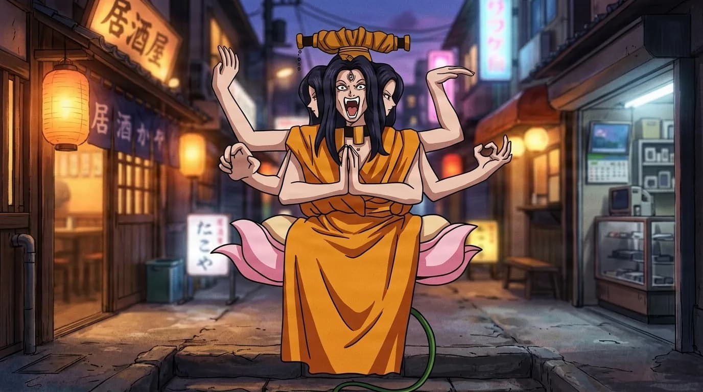 Yamandakka, a multi-armed, multi-headed demon in an orange robe seated on a lotus, screaming on a nighttime Japanese street