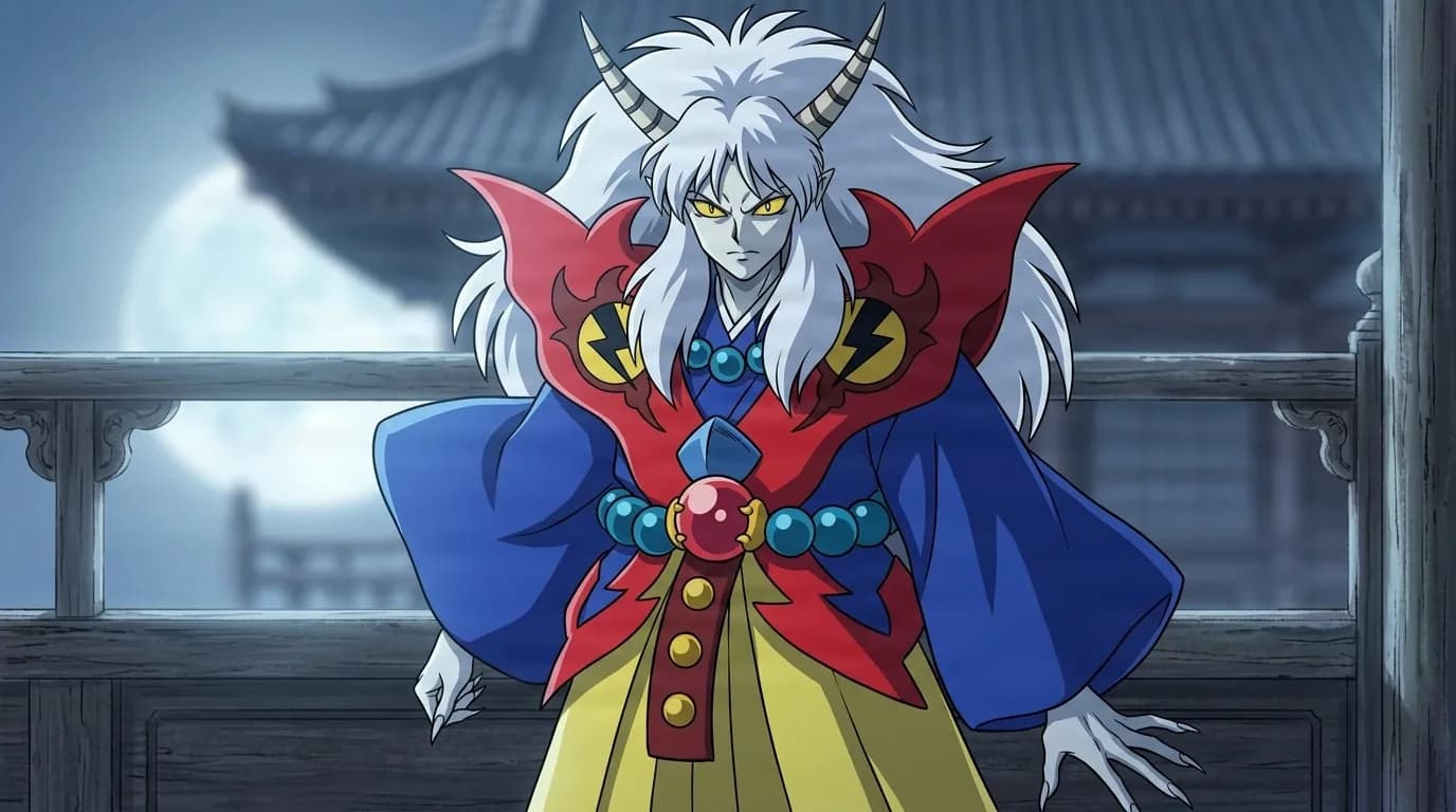 Yasha, a white-haired horned demon with piercing yellow eyes in red and blue samurai robes, glaring on a moonlit temple balcony