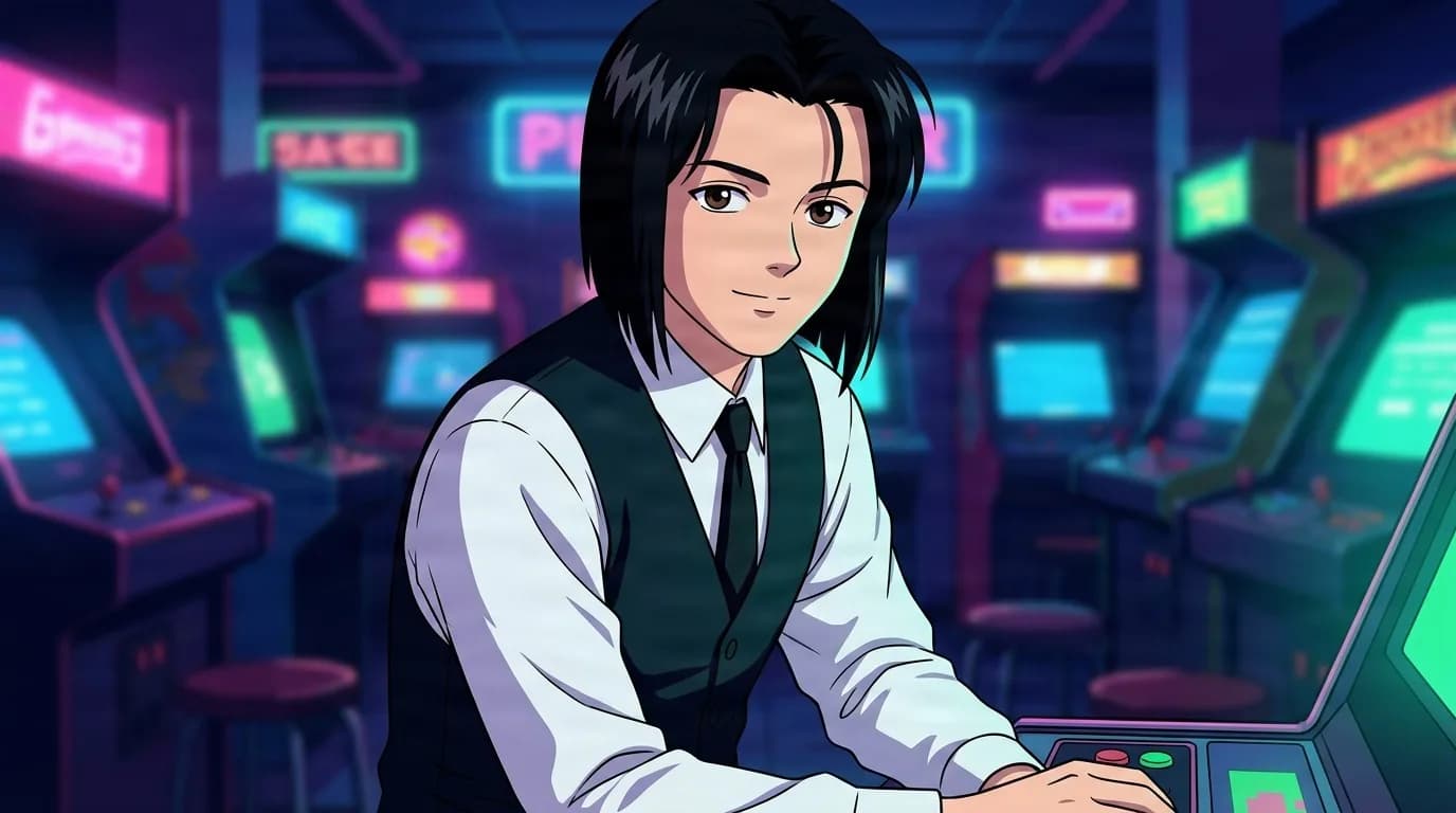 ネオンが輝くゲームセンターのアーケードゲーム機に寄りかかる江田洋作。肩までの長さの黒髪、白いシャツに黒のベストとネクタイ姿