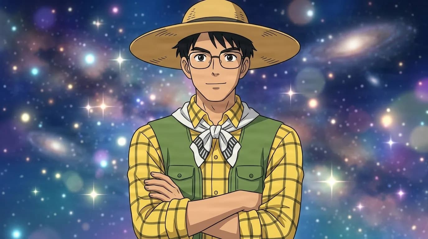 Yoshiki Kurebayashi, a man in glasses and a wide straw hat, arms crossed in a plaid shirt and green vest against a starry cosmic backdrop.