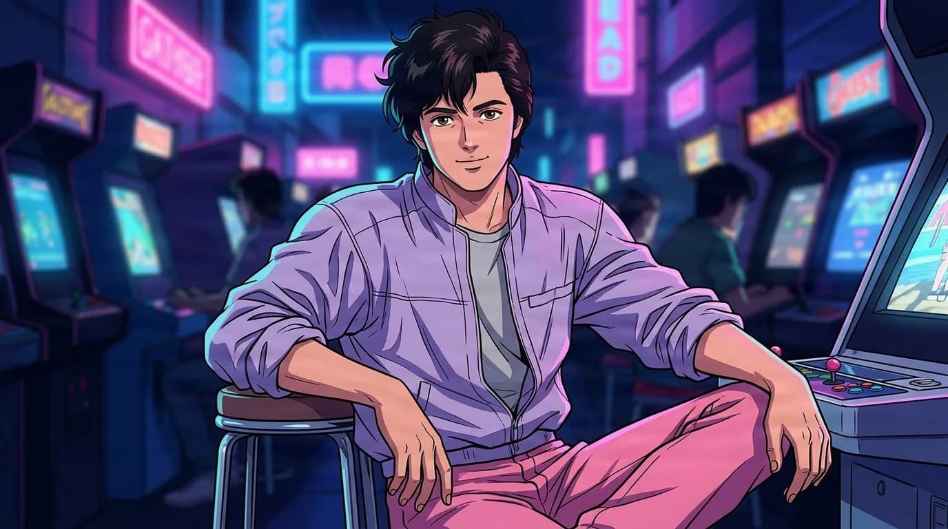 Yoshiki Usui, a young man with dark tousled hair, sitting relaxed in a lilac jacket and pink pants beside a glowing arcade cabinet.
