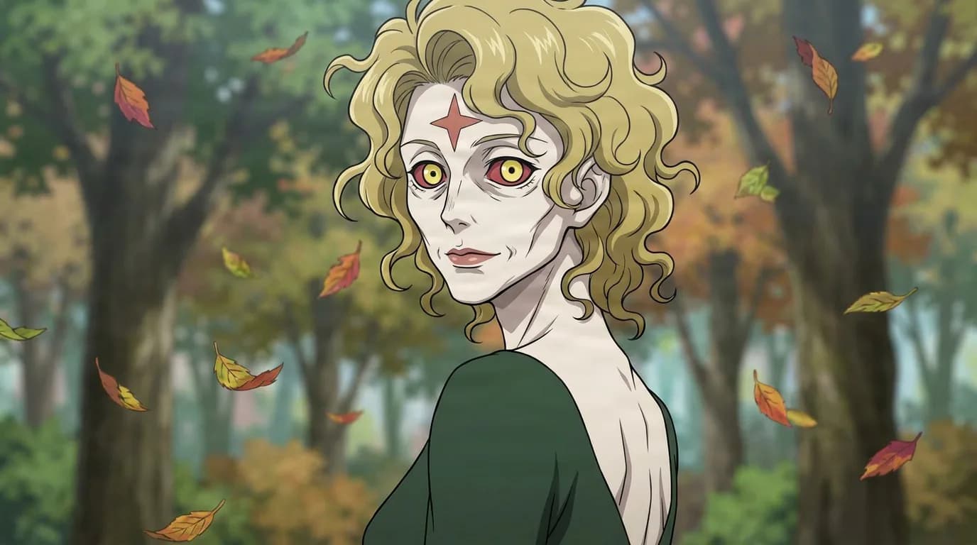 Youma, a curly-blonde woman with pale skin and a red star on her forehead, glancing back in an autumn forest.