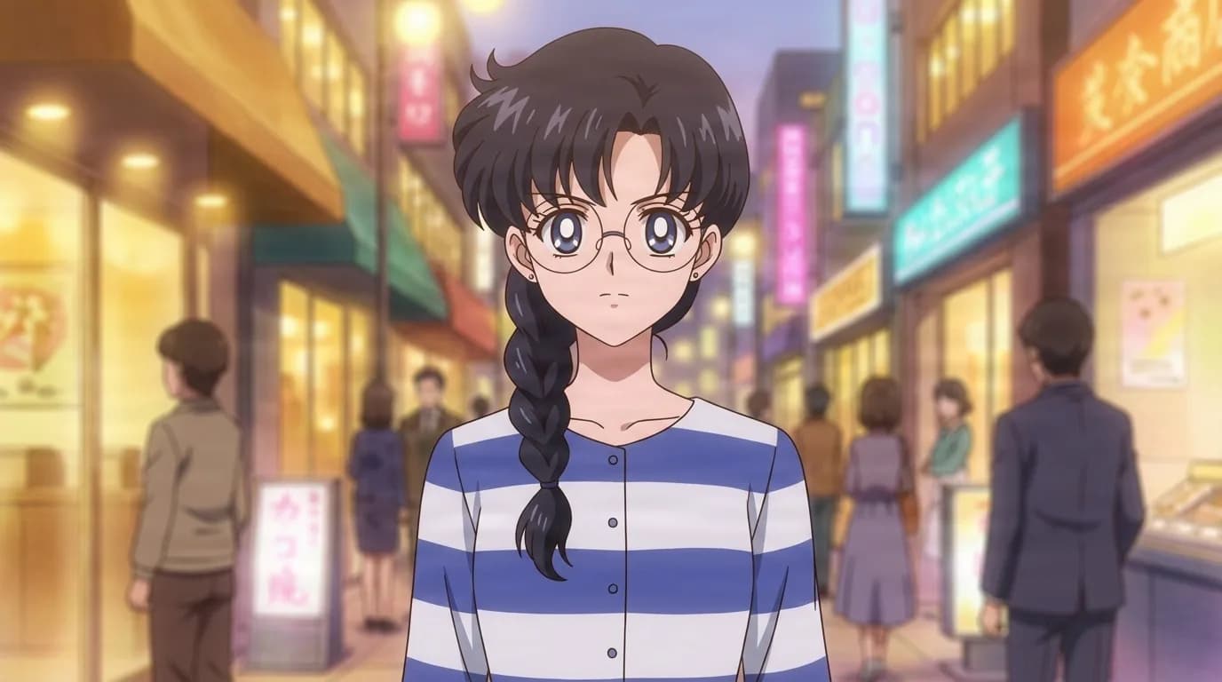 Yumemi Yumeno, a girl with a long dark braid and round glasses, wearing a blue and white striped top on a lantern-lit shopping street.