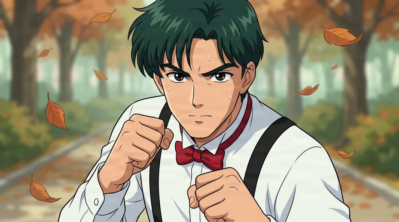 Yusuke Amade, a green-haired young man in a white shirt with red bow tie and suspenders, raises his fists in an autumn park.