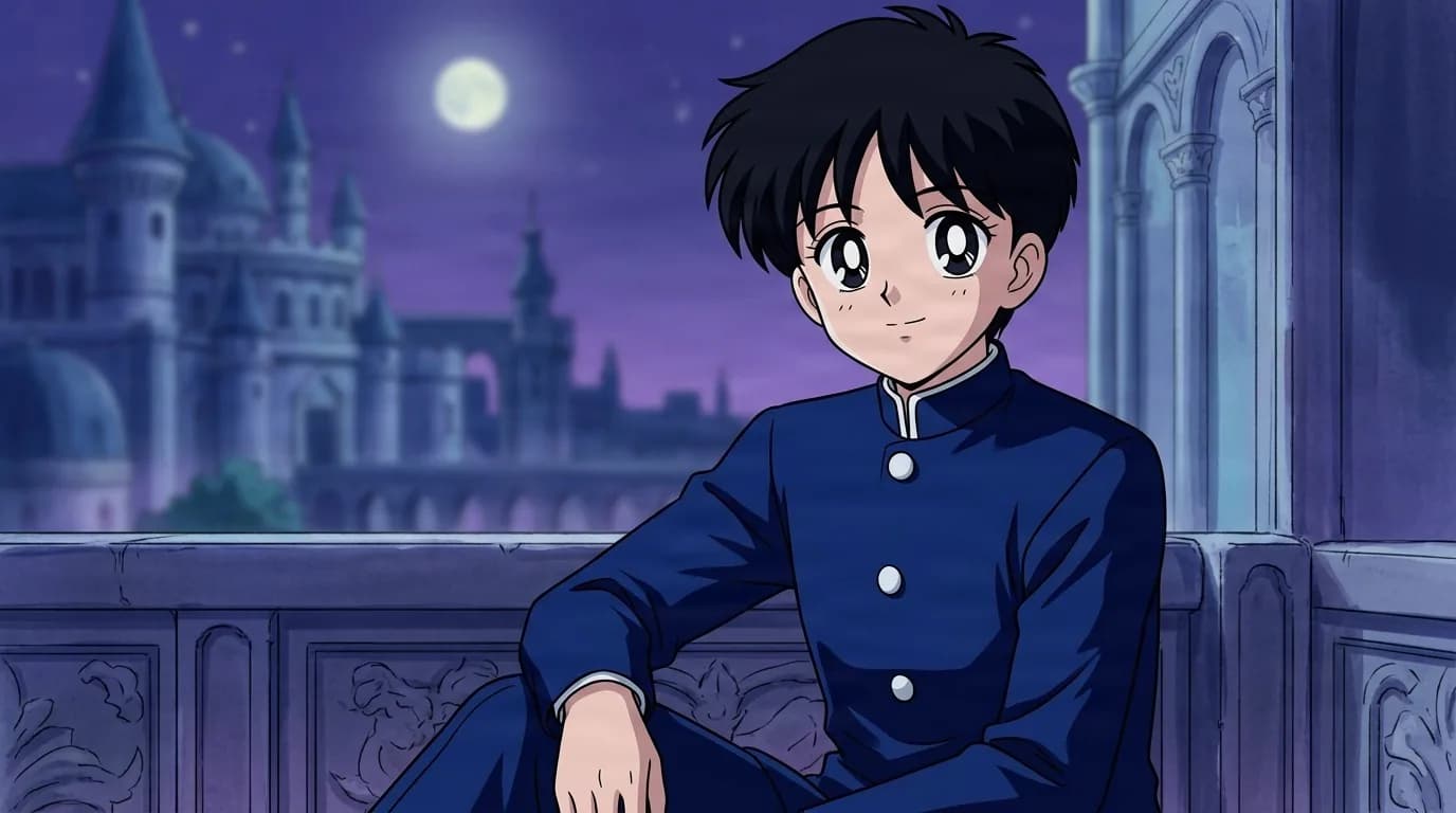 Yuuji Kimura sitting on a stone balustrade before a moonlit castle, black hair and a dark blue gakuran school uniform