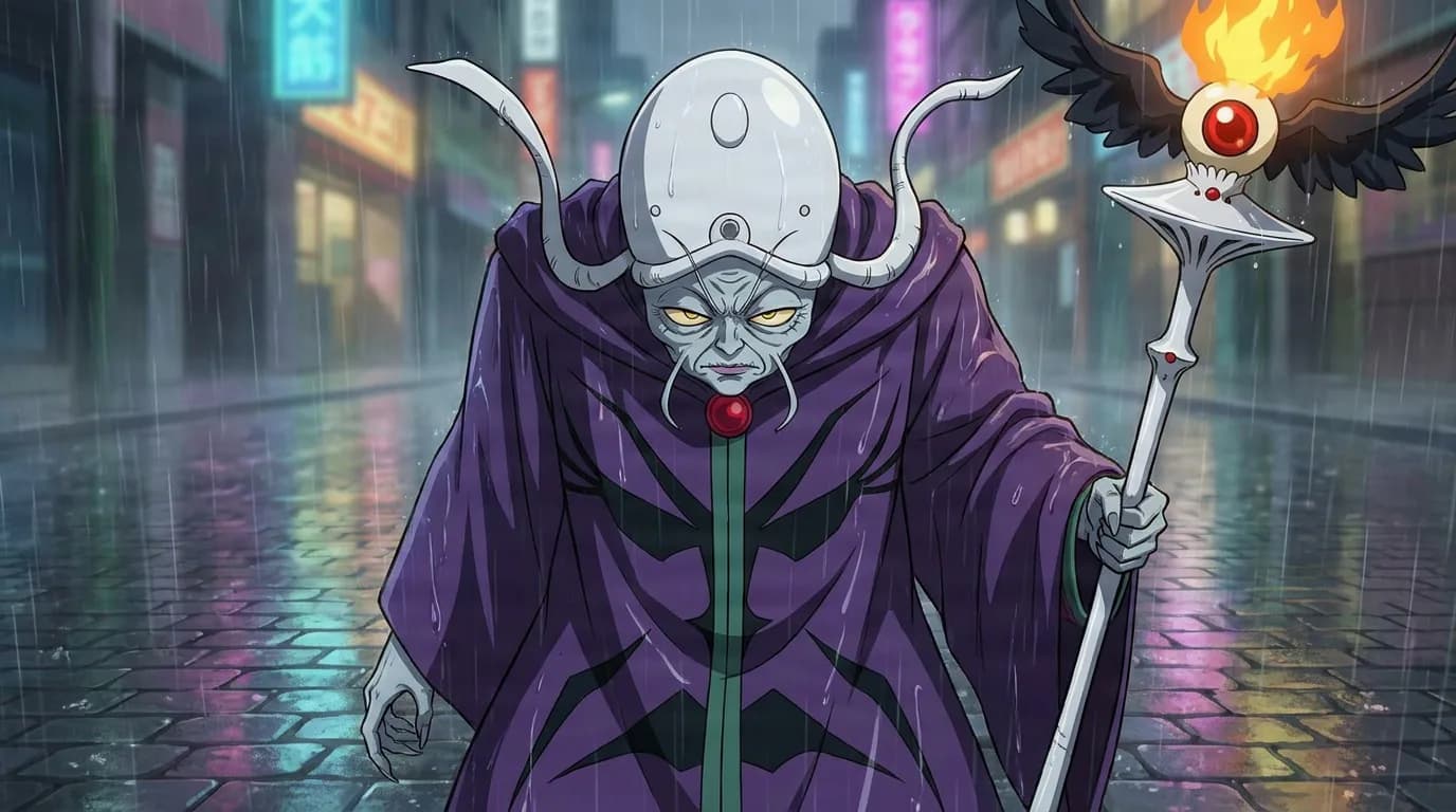 Zirconia, a white-domed hooded figure in a purple robe, holding a flaming staff on a rainy neon street.