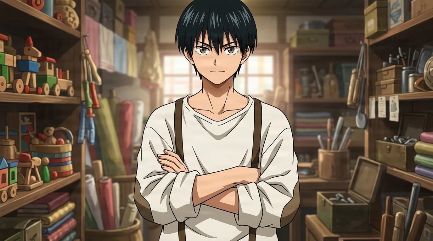 Amane Yotsumura standing arms crossed in a cluttered general store, black hair and a cream shirt with brown suspenders