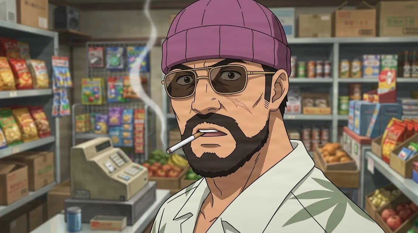Boiled in a purple beanie and aviator sunglasses, cigarette in his mouth, standing by the register of a small grocery store.