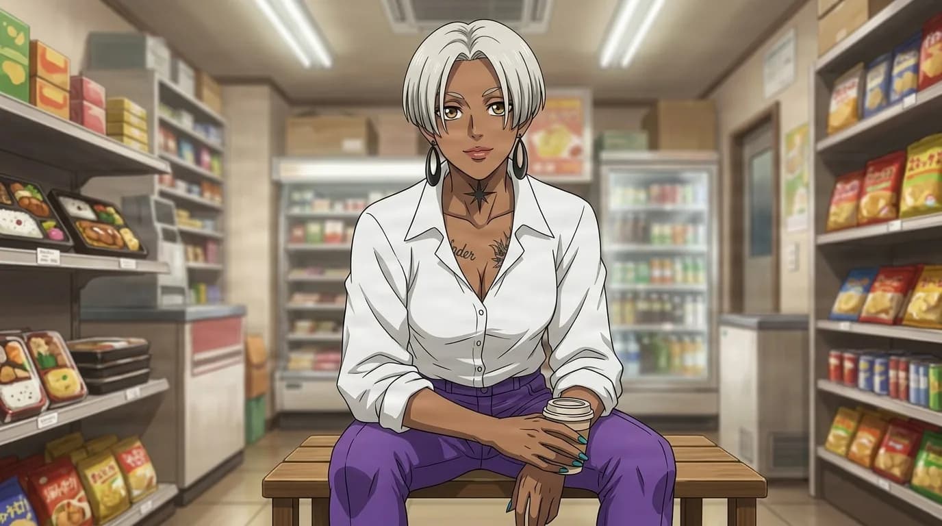 Dump sitting on a bench in a convenience store, short white hair and hoop earrings, white shirt and purple pants, coffee cup in hand