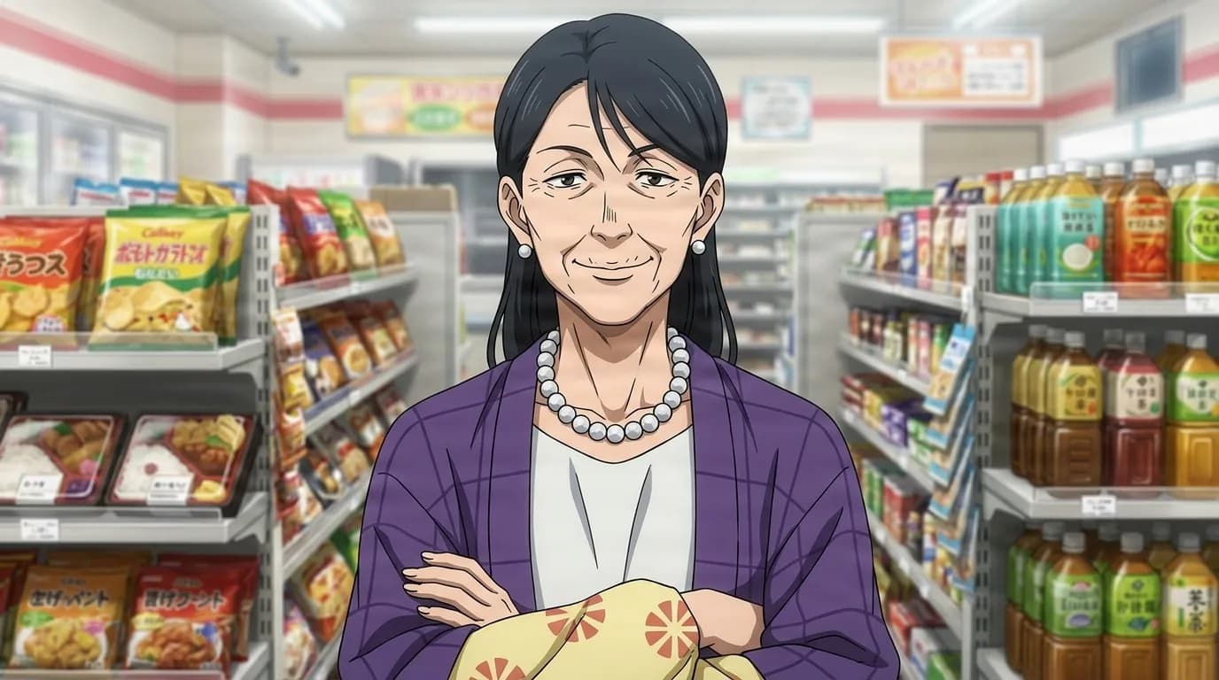 Etsuko Satoda smiling warmly in a purple cardigan and pearl necklace, holding a yellow cloth bundle inside a convenience store