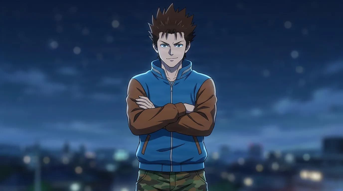 Heisuke Mashimo, a spiky-haired young man in a blue and brown jacket, arms crossed on a rooftop above city lights at night.
