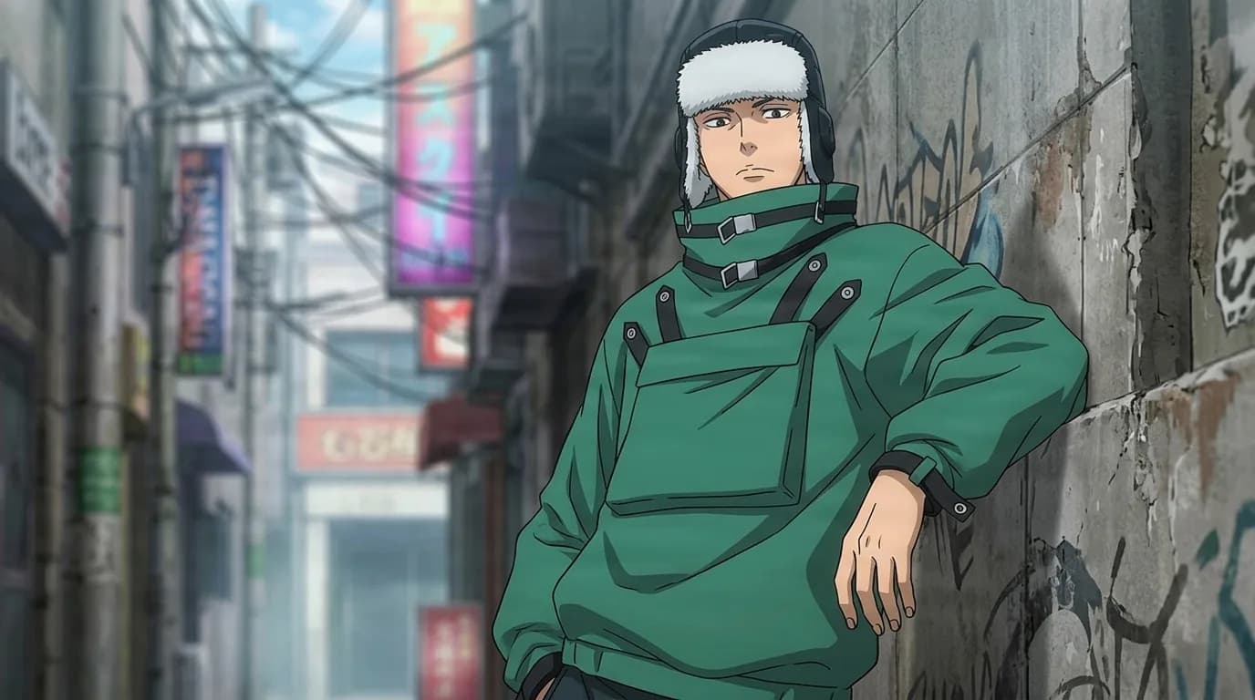 Joichiro Kaji in a fur lined trapper hat and green anorak, leaning against a graffiti covered wall in a narrow alley
