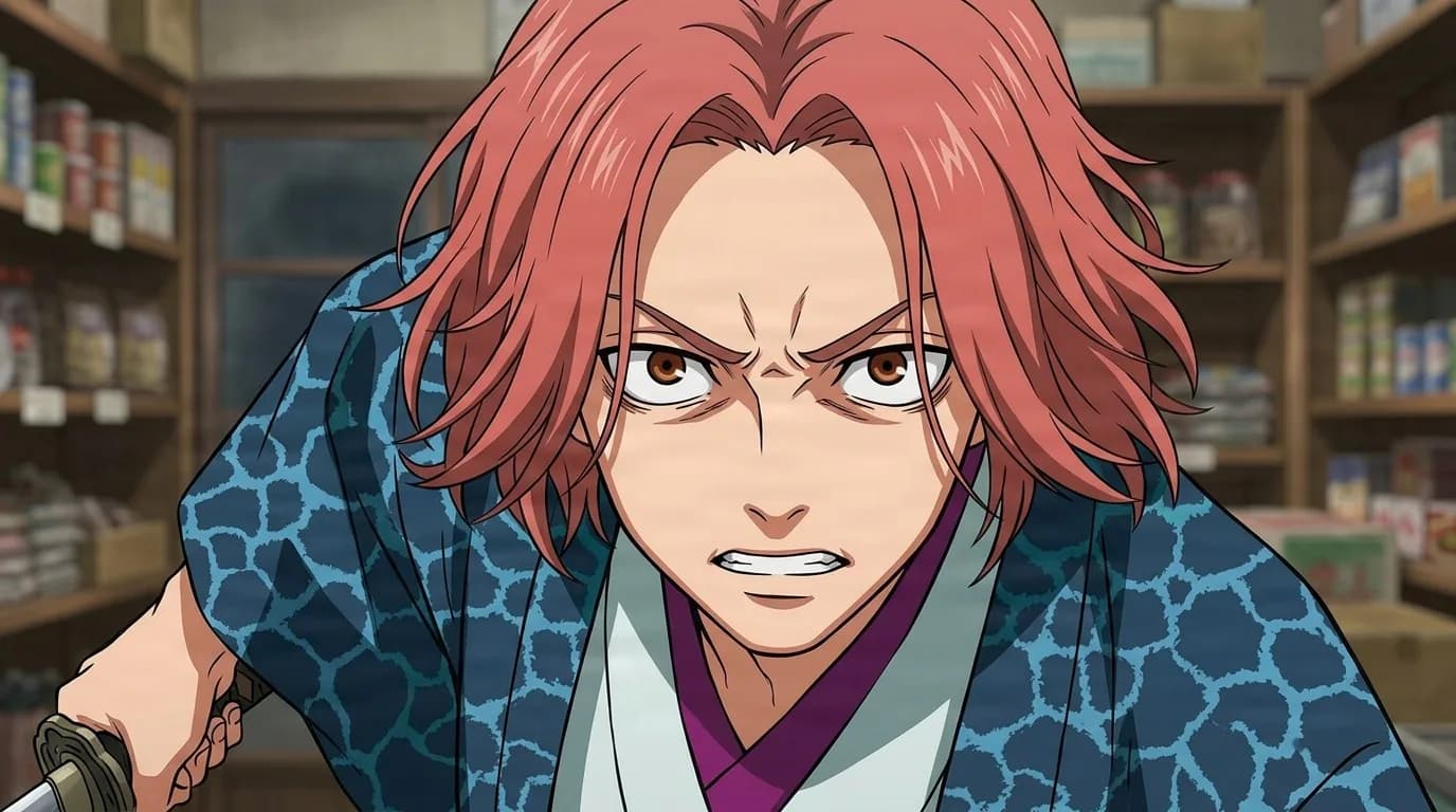 Kippei Saionji snarling with teeth bared inside a corner shop, pink hair, blue patterned kimono, hand on a sword hilt.