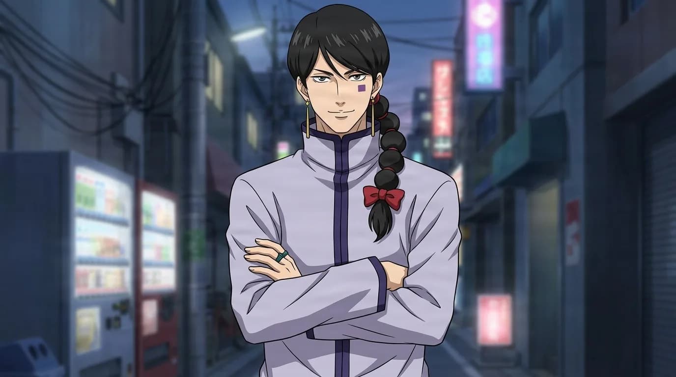 Lu Wutang with a long bubble braid tied in a red bow, arms crossed in a pale mandarin collar jacket in a neon lit alley